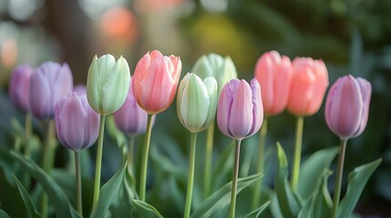 Fototapeta premium Delicate pastel tulips in a vibrant spring garden, showcasing soft hues of pink, lavender, and green, bathed in gentle sunlight and natural beauty.