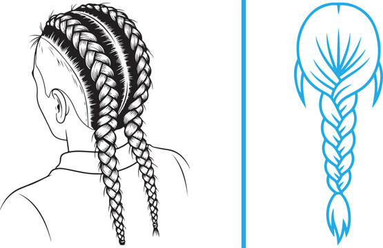Elegant vector line art featuring a detailed side-swept French braid and an intricate blue circular braided bun. Ideal for bridal hair inspiration and salon branding.