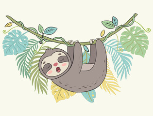 Fototapeta premium Cute Sloth Yawning or Singing While Hanging on a Branch in the Jungle