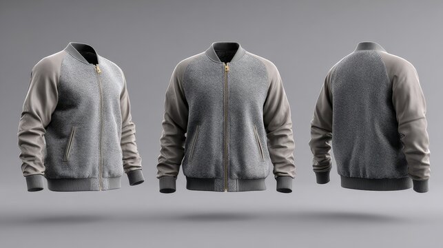 Front, side, and back views of a varsity jacket in a detailed 3D rendering with textured fabric