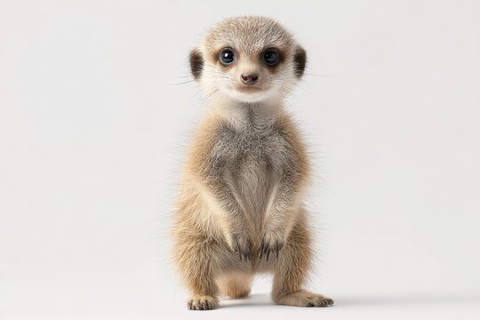 Front-facing baby meerkat portrait on bright white background
