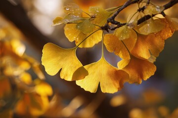 Fototapeta premium Ginkgo Biloba Leaves in Autumn Glow: Delicate, Fan-Shaped Yellow Foliage