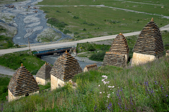 Bridge over the Gizeldon mountain river. The city of the dead, Dargavs. The Republic of North Ossetia-Alania, Russia