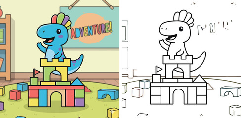 Cute Cartoon Dinosaur Playing with Blocks in a Child's Room - "Adventure!" Playtime © MstSangita