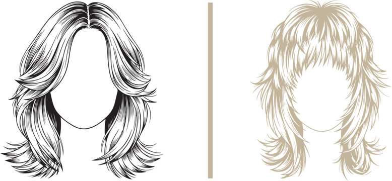 Stylized vector line art of two retro-inspired hairstyles: a sleek 70s layered blowout with outward flips and a textured, shaggy wolf cut with choppy bangs. Ideal for salon branding and hair guides.