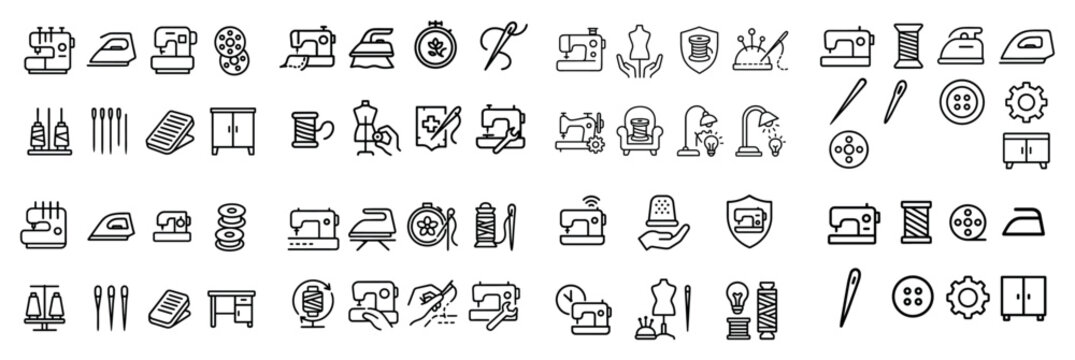 Craft icons with sewing machine scissors spool outline