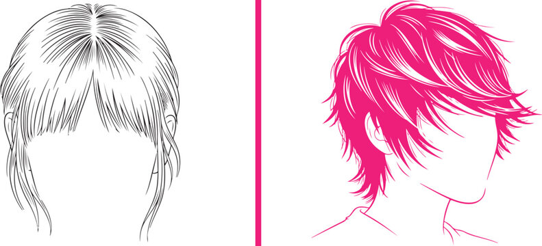 Vector line art of a delicate bob with bangs and a bold pink shag haircut. Stylish silhouettes featuring modern fringe and layered textures, perfect for salon branding and hair trend catalogs.