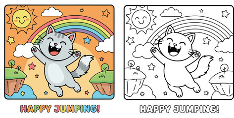Fototapeta premium Happy Cartoon Cat Jumping with Rainbow