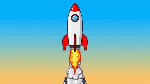 Dynamic cartoon rocket launching into a gradient sky, symbolizing aspiration, innovation, and rapid progress towards new heights and achievements