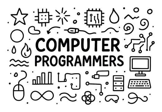 Technology icons with computer mouse and chip doodle