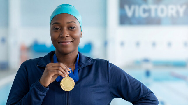 Smiling Black female swimmer with a gold medal around her neck. Happy champion athlete at an indoor pool. Victory and success concept. Copy space for text