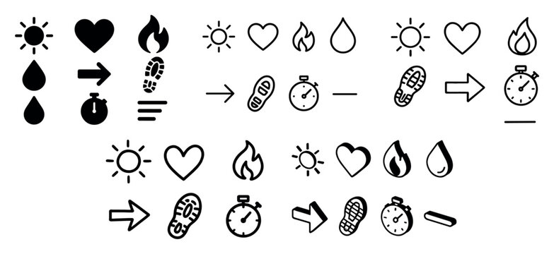Fitness icons with heart flame drop outline