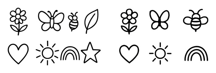 Fototapeta premium Spring icons with flower butterfly bee outline