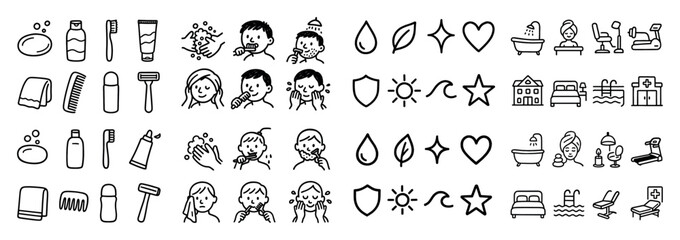 Obraz premium Personal care icons with soap towel face outline