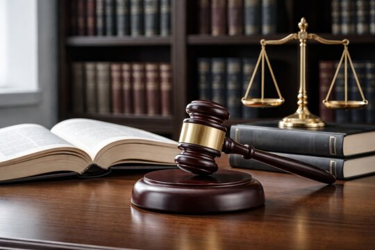 Gavel scales and legal reference books in library room."" Ai generative