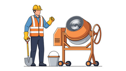 Construction Worker with Concrete Mixer: A construction worker stands proudly beside a concrete mixer. showcasing his tools and expertise. An illustration capturing industry, labor, and craftsmanship. © AJM