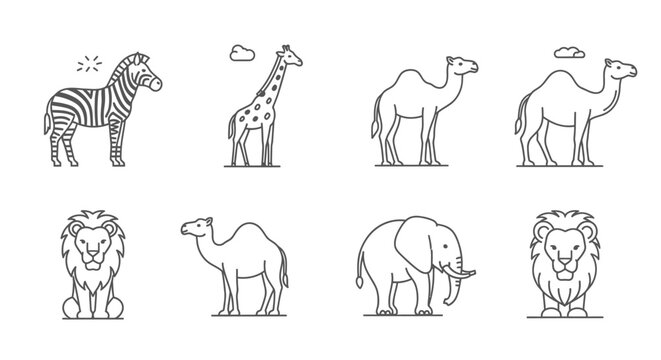 Black and white line drawings of savannah animals.