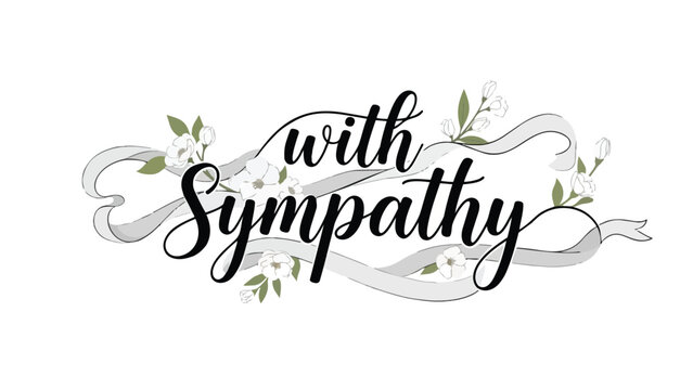 Elegant calligraphic 'With Sympathy' inscription with delicate white flowers and flowing grey ribbons, conveying heartfelt solace and remembrance