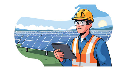 Solar Field Inspection: An inspector stands proudly in a field of solar panels, with a digital tablet in hand, ensuring optimal energy capture. Demonstrating commitment to sustainability. © Abdul