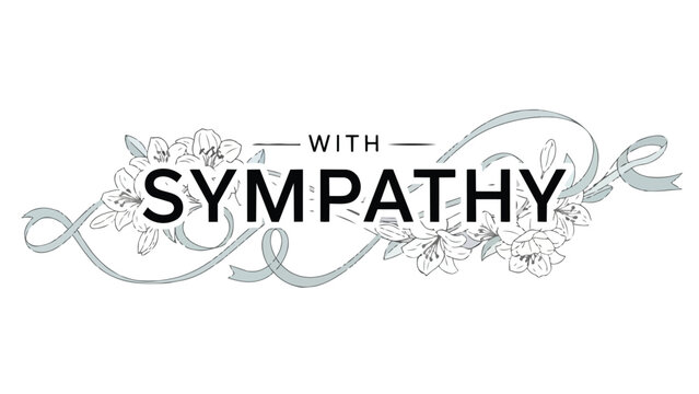 Artistic 'WITH SYMPATHY' text design featuring detailed floral outlines and graceful ribbon flourishes conveying heartfelt condolence and serene