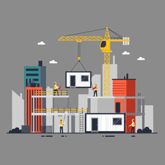Fototapeta premium Construction site with crane lifting modular building, workers assembling new skyscraper