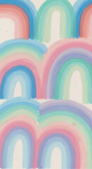 Multiple overlapping watercolor rainbows in soft pastel tones create a cheerful, repeating pattern on a light surface.