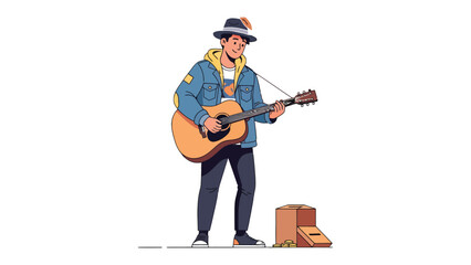 Melody of the Streets: A street musician's soulful performance, lost in the music with his guitar. Capturing the spirit of busking, with a hat and a donation box. © AJM