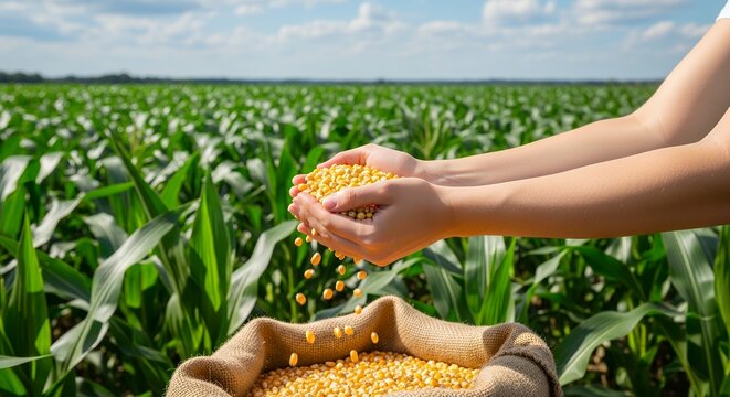 Farmer's hands pouring golden corn kernels into a sack in a lush green field