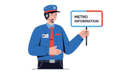 Metro Information: A subway worker, in uniform, offers a sign with information, indicating the services of the subway system to commuters, conveying guidance, and support.