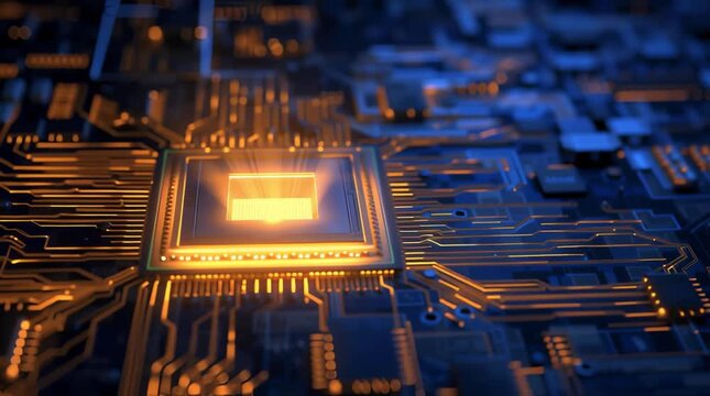 A glowing microchip in the center of a printed circuit board with bright orange tracks on a dark blue background, a concept of high technology, computing, and digital data processing.