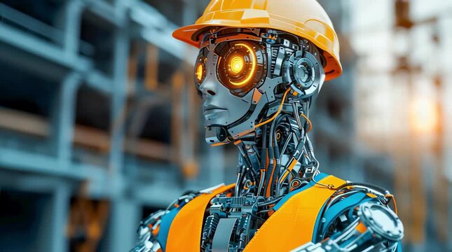 A humanoid robot wearing a construction helmet and an orange safety vest stands in front of a modern construction site at sunset.