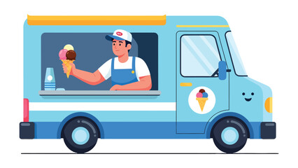 Sweet Treat Truck: An illustrated view of an ice cream vendor preparing a multi-flavored cone from a mobile food truck, ready to brighten any day with a sweet treat.