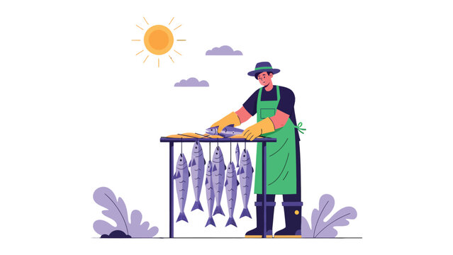 Fish Drying Process: A diligent figure, clad in workwear, meticulously arranges freshly caught fish on a drying rack under the warm embrace of the sun. Embodying the essence of preparation.