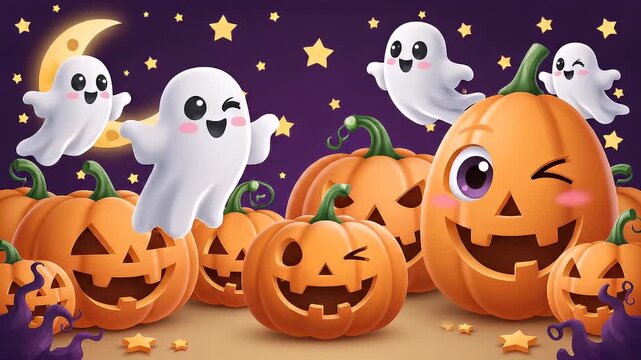 Cute Halloween Pumpkins and Ghosts in a Starry Night Sky with Moon and Decorations for a Spooky Holiday Celebration