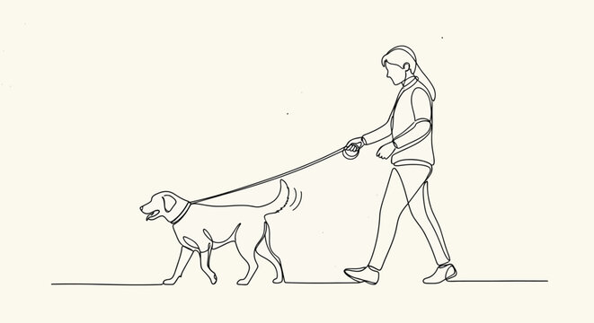 Woman walking dog on leash minimalist line art with a minimalist