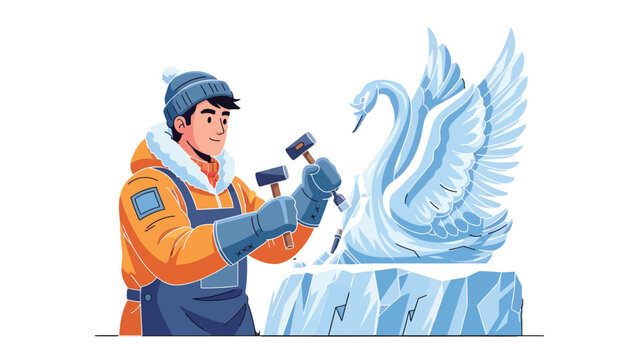 Sculptor Crafting Ice Sculpture: An artist diligently chisels away at a block of ice, shaping a beautiful swan sculpture with skill and precision.
