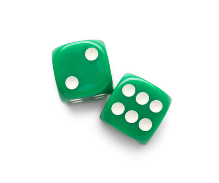 Green game dices on white background