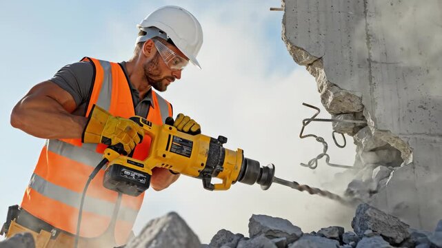Construction worker using a jackhammer to break concrete. Demolition work with flying debris and dust. Man in safety gear on a building site