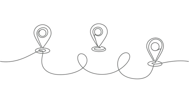 Three location pins connected by line in single art with ideal for ma