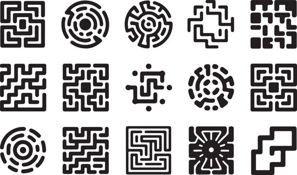 Set of geometric vector QR code icons featuring black round floral patterns and seamless tribal ornament design elements