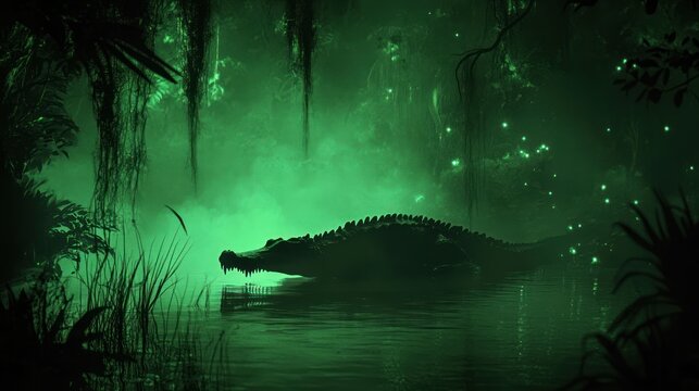 Dark, swampy lagoon scene with a lurking crocodile.  Green glowing light illuminates the eerie environment
