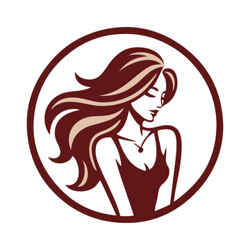 Logotipo de sal&oacute;n de belleza. Dibujo con cara de mujer con peinado con ondas y una cadena con joya al cuello en c&iacute;rculo