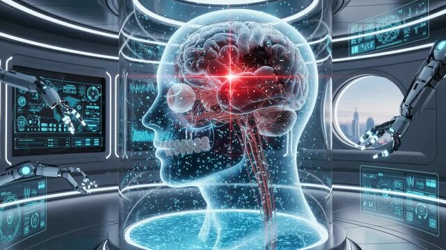 headache stroke neurological Futuristic Brain Visualization in Transparent Container with Digital