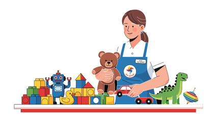 Fototapeta premium Toy Store Employee with Collection of Toys: A friendly employee of a toy store stands proudly amidst a colorful collection of toys, perfectly showcasing the joy of childhood and the artistry of play.
