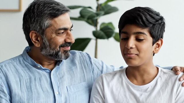 Father and Son Sharing a Moment of Connection and Laughter Indoors