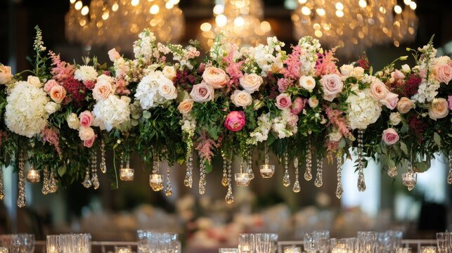 Elegant floral chandelier, hanging over tables, adorned with crystals and candles.  A beautiful, romantic wedding or event decor