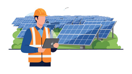 Solar Panel Supervisor's Inspection: A focused supervisor stands amidst a field of solar panels, holding a tablet as they conduct their inspection. © hafs121