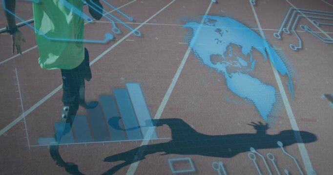 Animation of data processing on digital screen over african america male runner with running blade