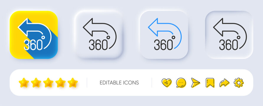 360 degrees line icon. Neumorphic, Flat shadow, 3d buttons. VR simulation sign. Panoramic view symbol. Line 360 degrees icon. Social media icons. Vector