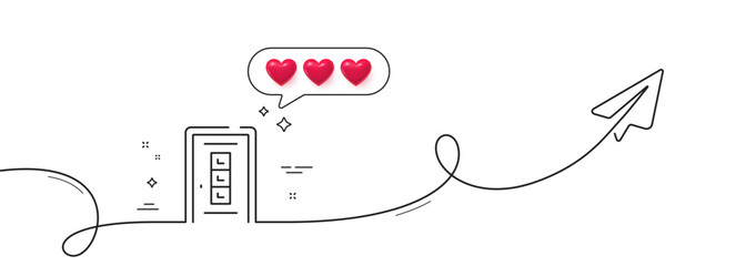 Obraz premium Door line icon. Continuous line with share plane. Building entrance sign. Exit doorway symbol. Hearts rate review in speech bubble. Door single line ribbon. Loop curve pattern. Vector